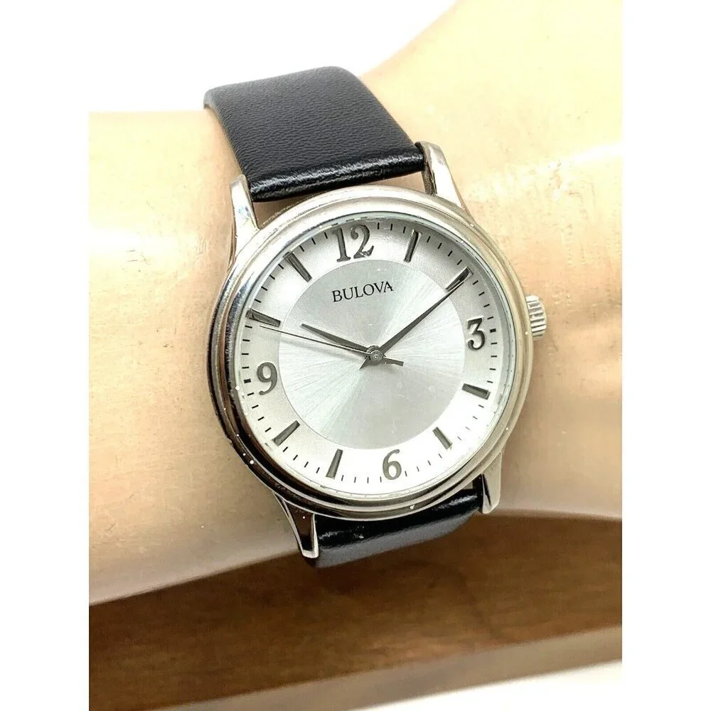 Bulova Men's Watch 96A28 Quartz Logo Silver Dial Black Leather Strap 38m…